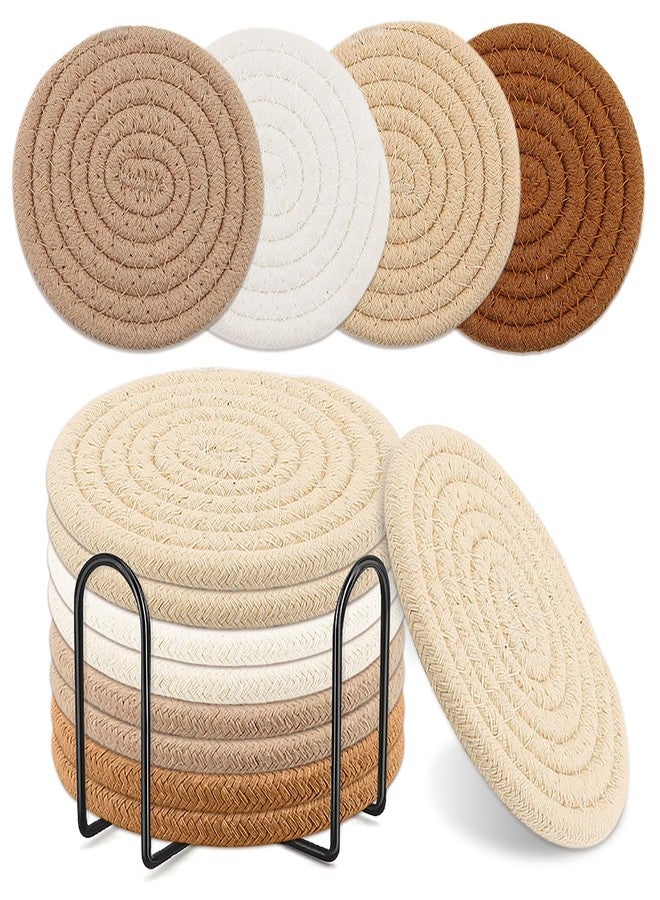 Meltset M Boho Coasters Set of 8 for Drinks,4 Colors Absorbent Desk Coasters with Metal Holder, Cotton Woven Coaster, Farmhouse Cup Coaster Set for Home Decor,Table Protection, Housewarming Gift (4.3 Inch) - Image 1